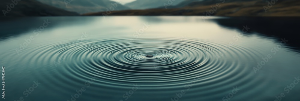 Poster Concentric ripples expanding on the surface of a calm lake, created by a single falling raindrop, with a blurred background of mountains and cloudy sky