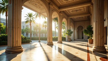 Fototapeta premium A serene, sunny resort scene: a pristine white building set amidst lush palms and greenery, with brilliant blue skies above