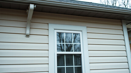 Obraz premium Exterior view of a light beige vinyl-sided house featuring a single, six-pane white-framed window. A gray gutter and downspout are visible at the top. The siding is horizontal.