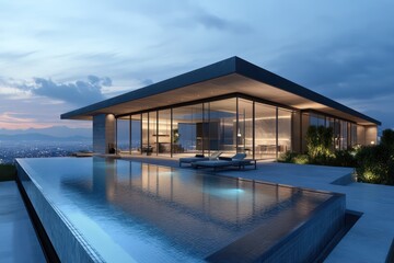 Fototapeta premium A sleek contemporary villa featuring a rooftop infinity pool and expansive views