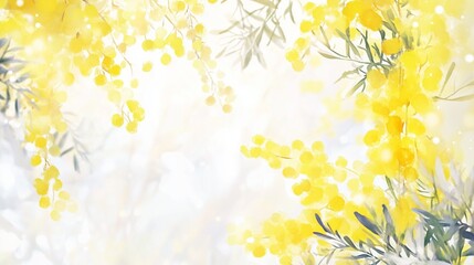 Greeting postcard of vibrant yellow mimosa blooms on a bright background with copy space. Greeting postcard. Womens day