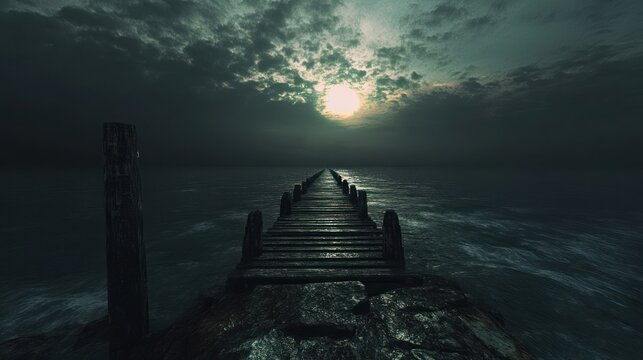 Moody ocean pier sunset, stormy sky, solitude,  introspection, design