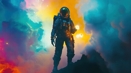Astronaut Stands on a Planet Amidst Colorful Nebula Clouds