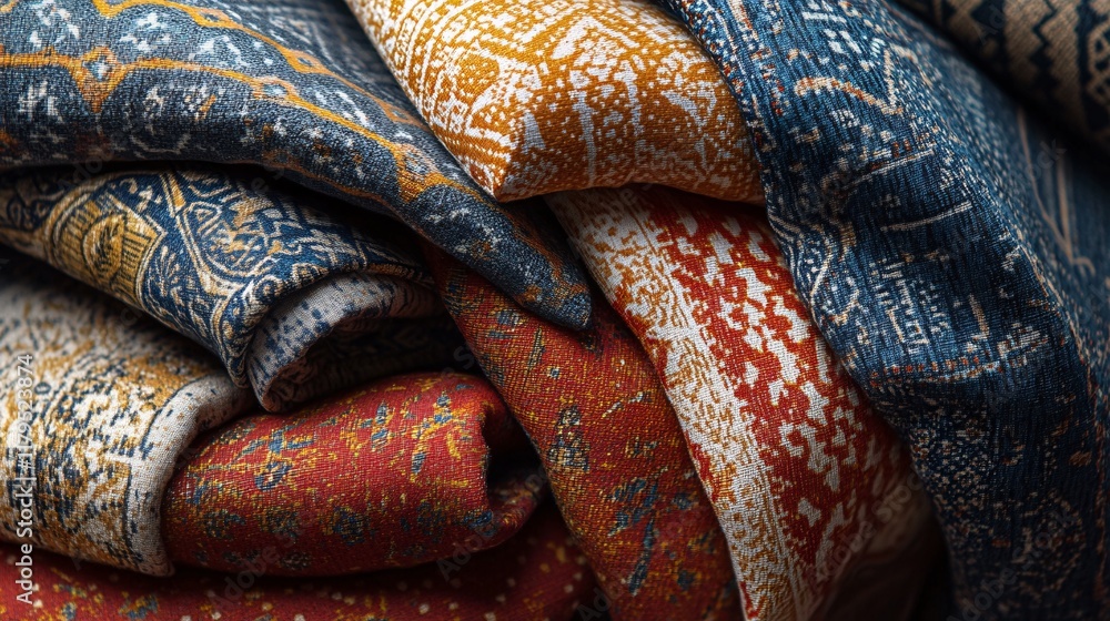 Poster Colorful fabric samples showing various textures and patterns