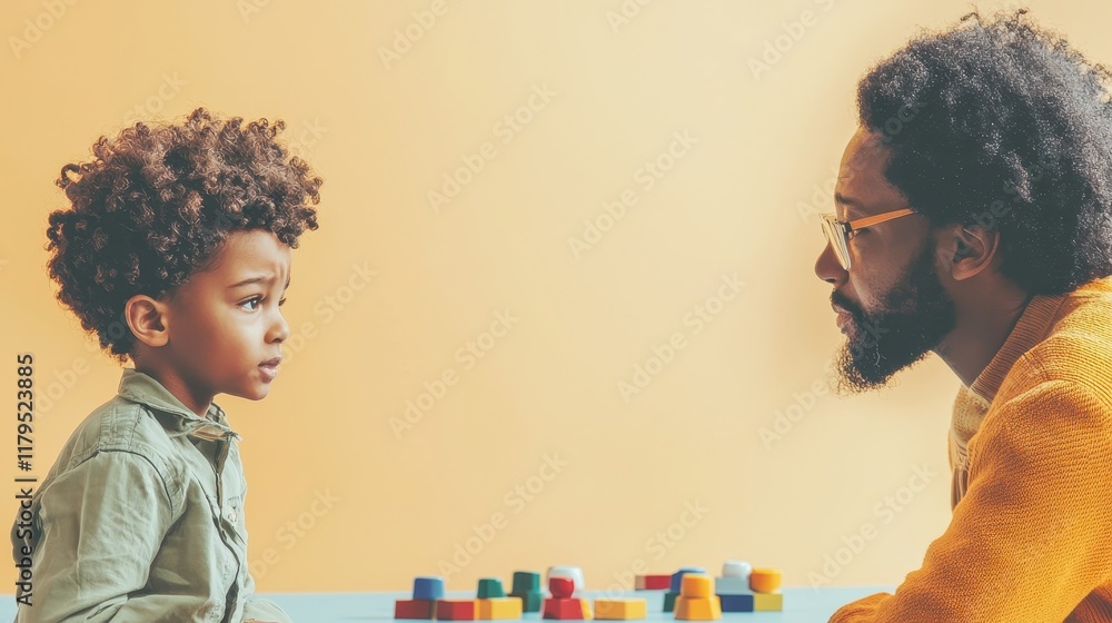 Aufkleber father and son engaged in a thoughtful conversation while playing with colorful building blocks in a