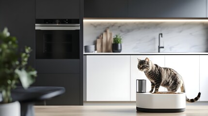 A pet feeding station automatically dispensing food for a cat in a modern kitchen.