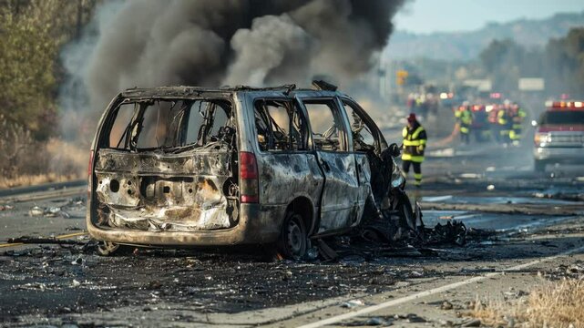 Charred vehicle after highway fire with thick smoke, burnt car on city road. Concept of accident, wreck, crash. 