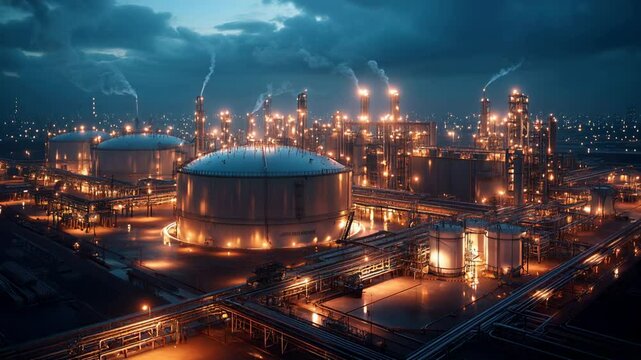 Modern lng terminal featuring massive cryogenic storage tanks at night, refinery plant or factory. Concept of industry, energy, power. 
