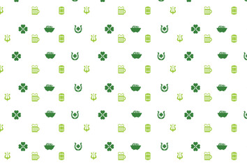 Vector Seamless Festive St. Patrick's Day Pattern with Shamrocks, Horseshoes, Harps, and Beer Icons