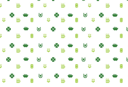 Vector Seamless Festive St. Patrick's Day Pattern with Shamrocks, Horseshoes, Harps, and Beer Icons
