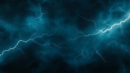 Vibrant electric blue lightning bolts crackle across a dark, stormy sky, creating a dramatic and powerful visual effect. The jagged lines illuminate the surrounding clouds with intense energy