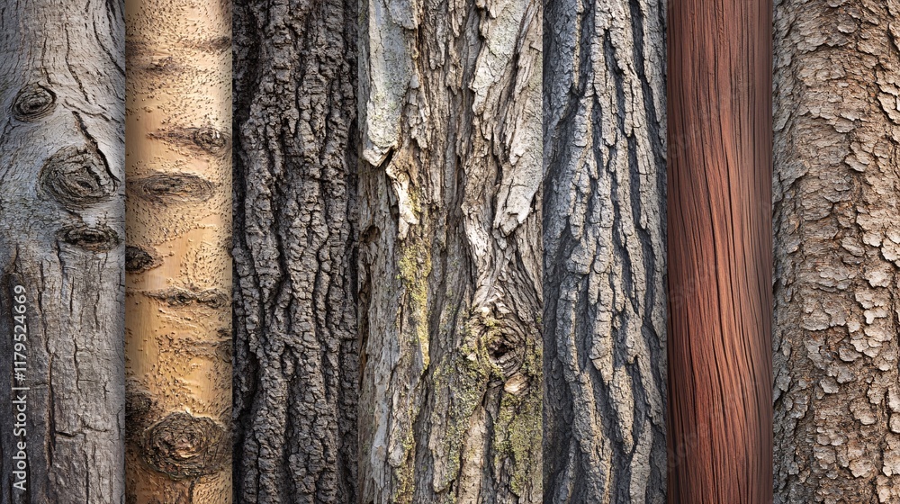 Poster close up of various tree barks creating natural textured background