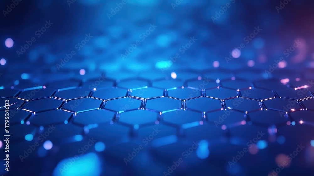 Poster abstract geometric design featuring blue background and intricate hexagonal structure evoking modern