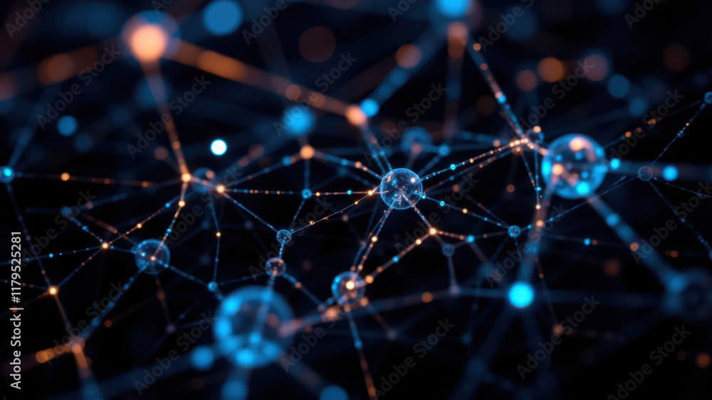 Poster abstract digital network with glowing dots on dark grey background.
