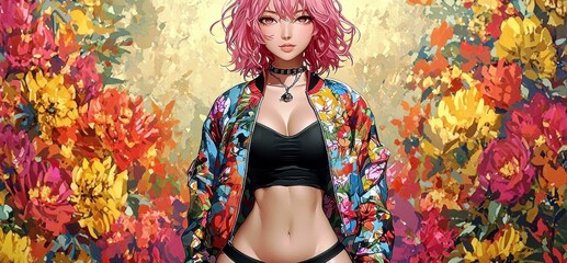 Young woman with pink hair standing confidently in a vibrant floral background, wearing a stylish bomber jacket and crop top, exuding bold fashion statement