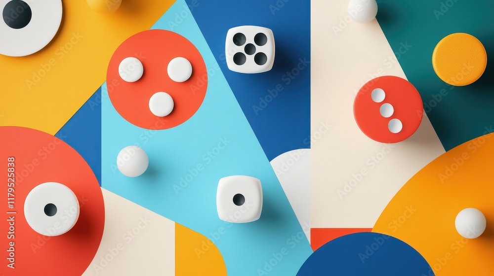 Poster colorful abstract geometric composition with various shapes and dice on a bright background