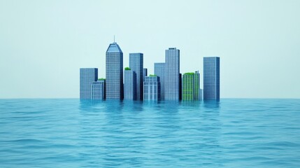 Obraz premium Flooded cityscape urban landscape underwater digital art futuristic environment aerial view climate change concept