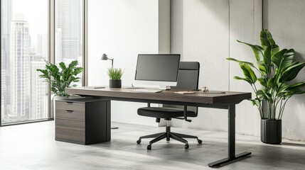 A modern office desk with a laptop, monitor, and plant. sleek, minimal design features open space, technology and productivity. room is empty, offering a clean and organized workspace
