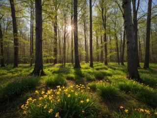 Naklejka premium sunny clearing in the forest as a background with sun rays breaking through the tree crowns blooming forest flowers