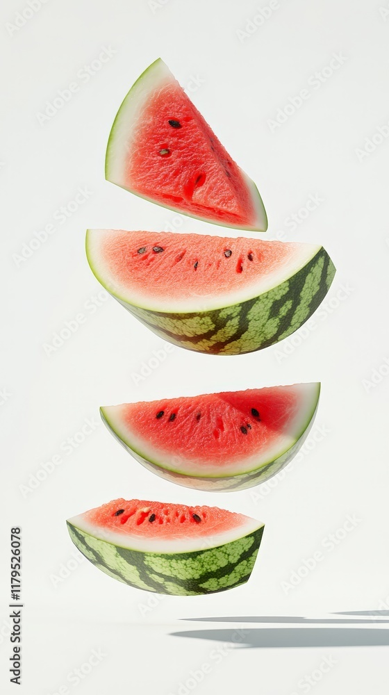 Poster Four slices of refreshing watermelon with visible seeds are levitating against a clean white backdrop, creating a visually appealing composition with their vibrant red flesh and green rind