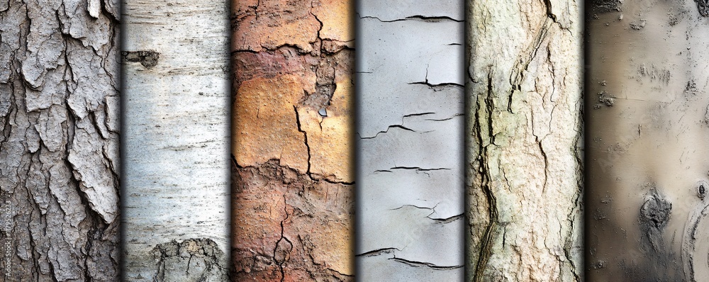 Poster Set of six vertical close-up photos of tree bark showing different textures and colors