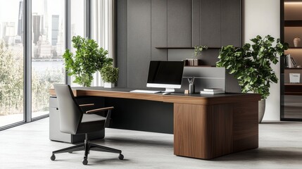 Fototapeta premium A modern office desk with a laptop, monitor, and plant. sleek, minimal design features open space, technology and productivity. room is empty, offering a clean and organized workspace