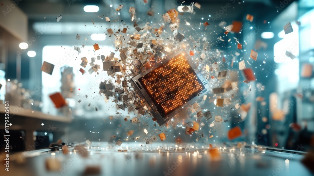 Poster close up of a severely damaged computer processor surrounded by fragments capturing a mood of techno