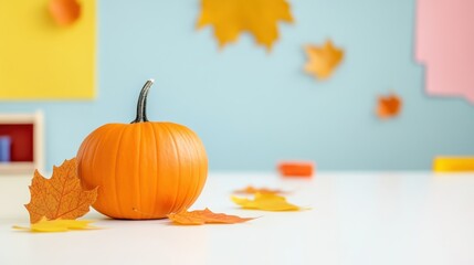 Vibrant Pumpkin and Colorful Leaves on a Bright Tabletop Setting for Autumn Decor and Seasonal Celebration