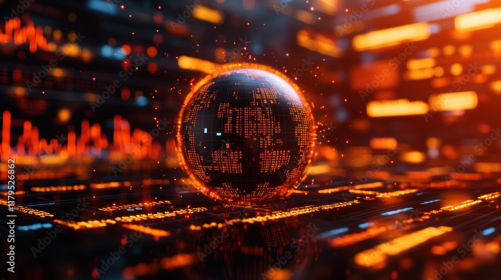 Poster intricate globe displayed on computer screen with urban cityscape in soft focus creating a modern di
