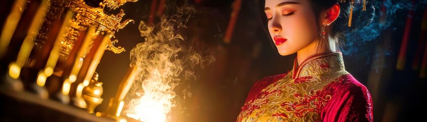 Obraz premium Elegant Asian woman in traditional attire standing next to illuminated incense burner with a mystical atmosphere and soft smoke effects in the background