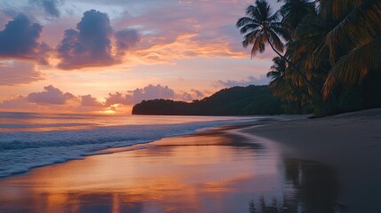 Tropical sunset beach, palm trees, ocean waves, calm water reflection, travel postcard.