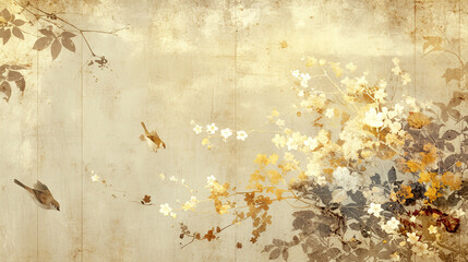 Japan, Japanese pattern, art, folding screen picture, gold, wabi, rust, Japanese spirit, Japanese painting, ink painting, ink painting, classic, ancient art, nightingale, bird, plant, vase, flower,