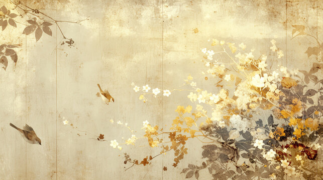 Japan, Japanese pattern, art, folding screen picture, gold, wabi, rust, Japanese spirit, Japanese painting, ink painting, ink painting, classic, ancient art, nightingale, bird, plant, vase, flower,