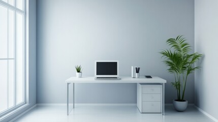 A modern office desk with a laptop, monitor, and plant. sleek, minimal design features open space, technology and productivity. room is empty, offering a clean and organized workspace