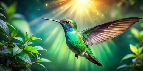 Obraz premium Emerald Hummingbird Dream: Surreal Green Flight Photography