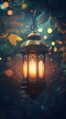 Ramadan themed greeting poster design. Lanterns for Eid al-Fitr and Ramadan Kareem with soft light and leaves background, with space for text