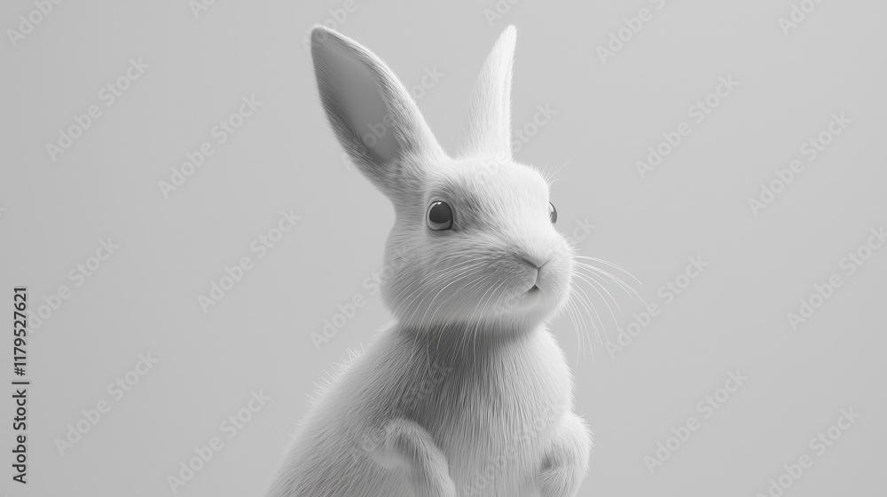 Poster adorable realistic white rabbit standing upright on a plain background with soft shadows and delicat