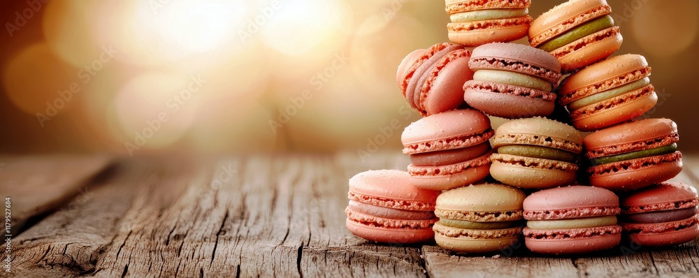 Poster colorful macarons stacked on rustic wooden surface with soft blurred background and warm lighting cr
