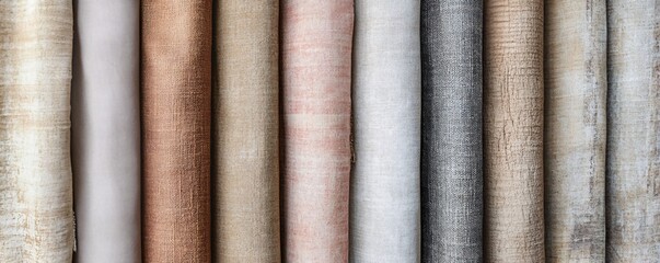 Colorful fabric rolls forming a gradient pattern displaying variety of textures