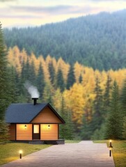 Charming Woodland Cabin Retreat - Secluded cabin, autumn forest, cozy interior, peaceful setting, nature escape.