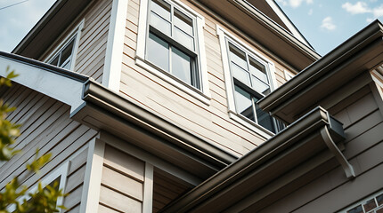 Low-angle view of a light beige house's exterior, showcasing its siding, windows, and gutters.  The image focuses on the upper section of the house, highlighting architectural details.