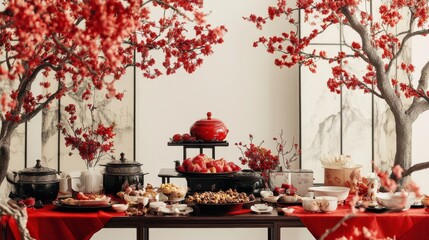 Elegant Chinese New Year Banquet Table Setting with Decorated Flowers