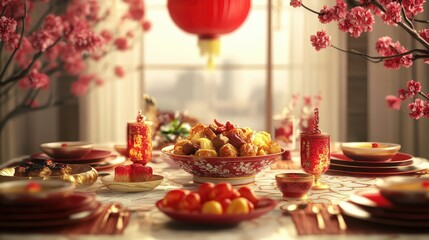 Fototapeta premium Elaborate Chinese New Year Dining Set with Colorful Banquet Table