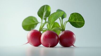 Obraz premium Fresh Radishes with Vibrant Green Leaves on Soft Background for Healthy Food Promotion and Culinary Use