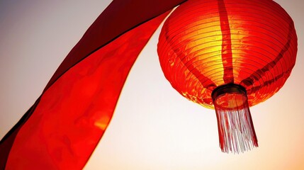 Obraz premium Vibrant Red Lantern Against a Soft Sunset Sky with Flowing Silk Ribbon Creating a Warm and Inviting Atmosphere for Celebrations and Festivals