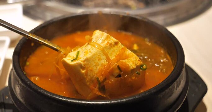 Hot Korean spicy soft tofu stew(Sundubu),closeup shot