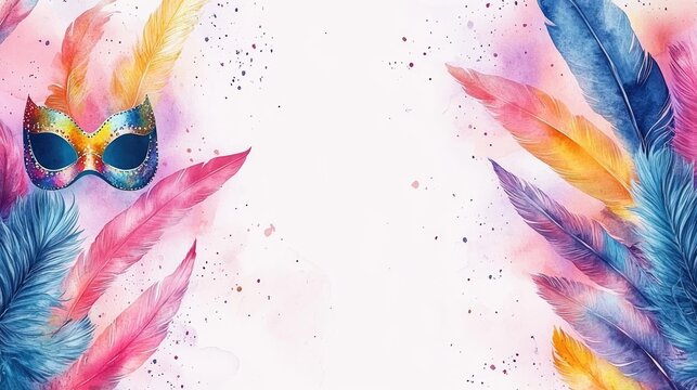 Colorful carnival mask with vibrant feathers and abstract watercolor splashes. Happy Purim