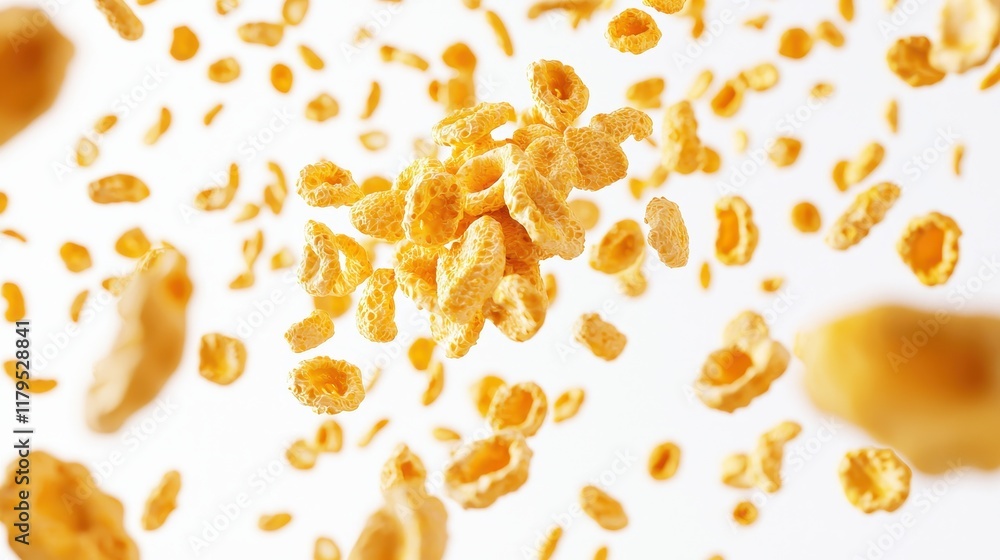 Poster flying cornflakes creating dynamic motion with bright yellow colors against a white background for c