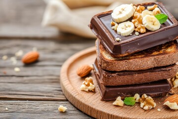 Chocolate Banana Toast with Nuts - Decadent chocolate-covered toast, layered with sweet banana slices and crunchy nuts.  A perfect blend of textures and flavors, symbolizing indulgence, energy, health