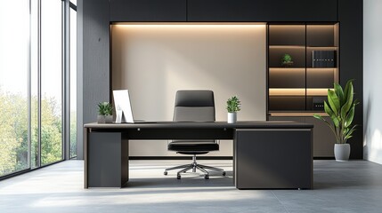 Fototapeta premium A modern office desk with a laptop, monitor, and plant. sleek, minimal design features open space, technology and productivity. room is empty, offering a clean and organized workspace